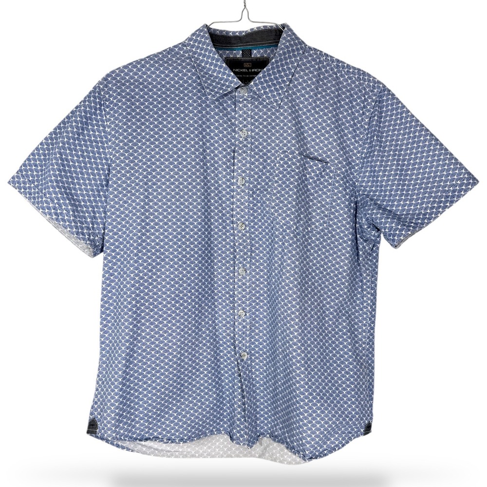 Nickel & Iron Mens Blue White Geometric Fan Print Cotton Short Sleeve Shirt L